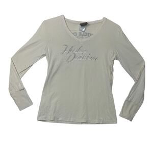 Harley Davidson womens large long sleeve v neck shirt bling gems tan offwhite